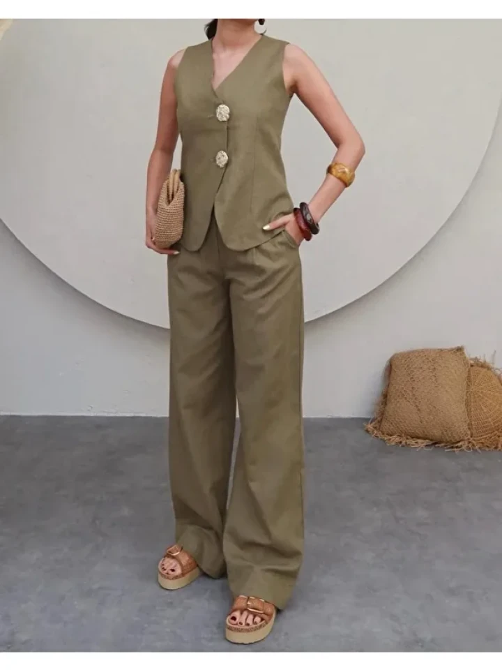 Telablanka Keten Takım Gold Çift Düğmeli Keten Takım