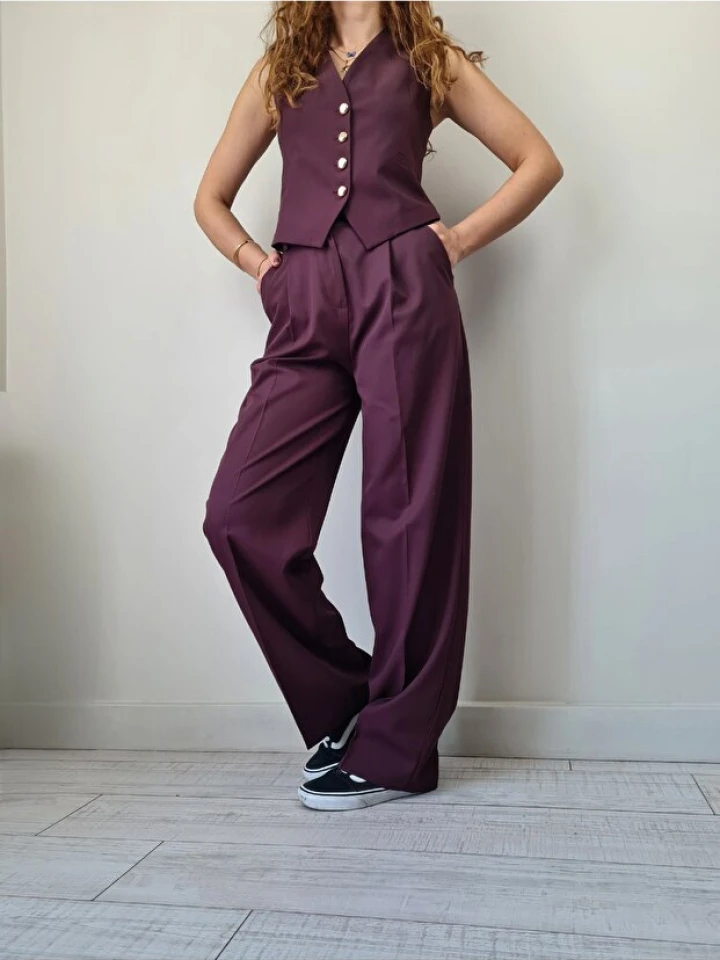 Telablanka YELEK TAKIM POLİVİSKON KUMAŞ YELEK PLAZZO TAKIM_BORDO