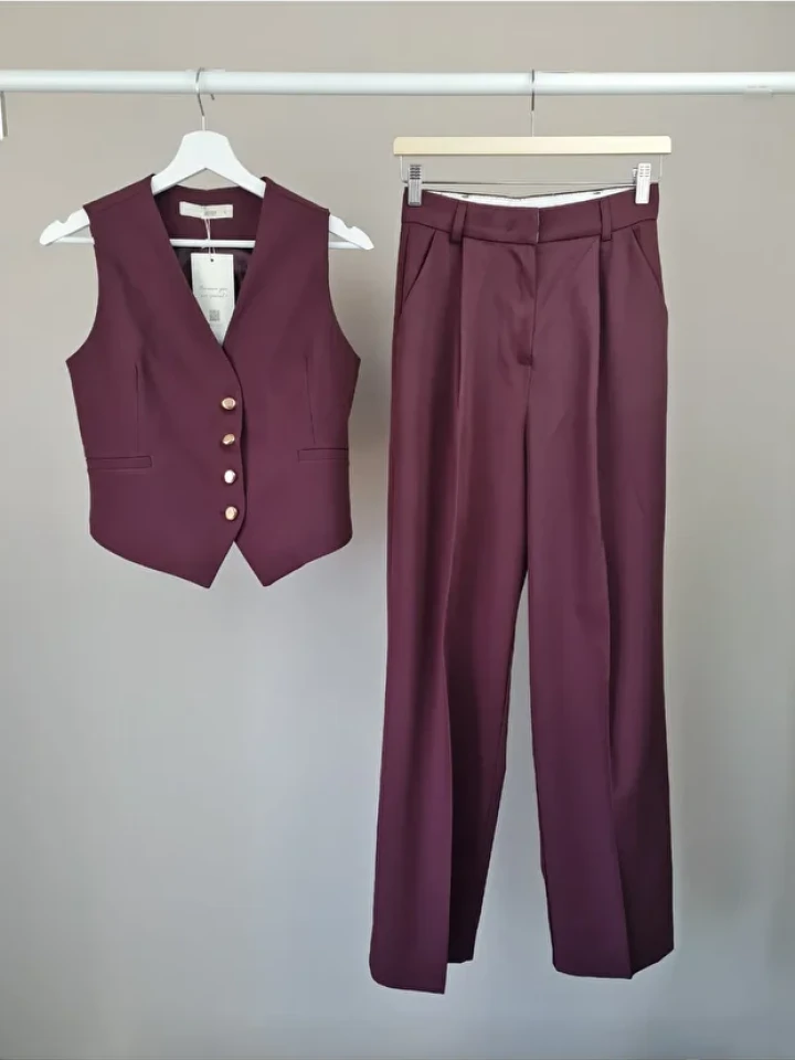 Telablanka YELEK TAKIM POLİVİSKON KUMAŞ YELEK PLAZZO TAKIM_BORDO