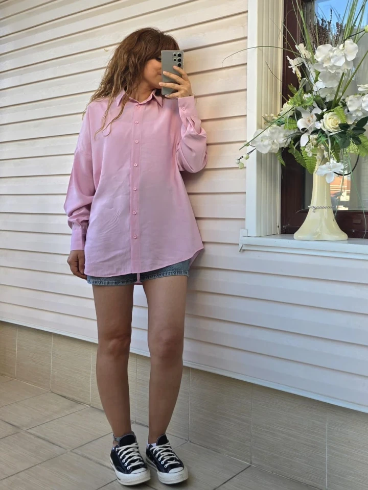 Oversize Salaş Pamuk Gömlek - Pembe renk