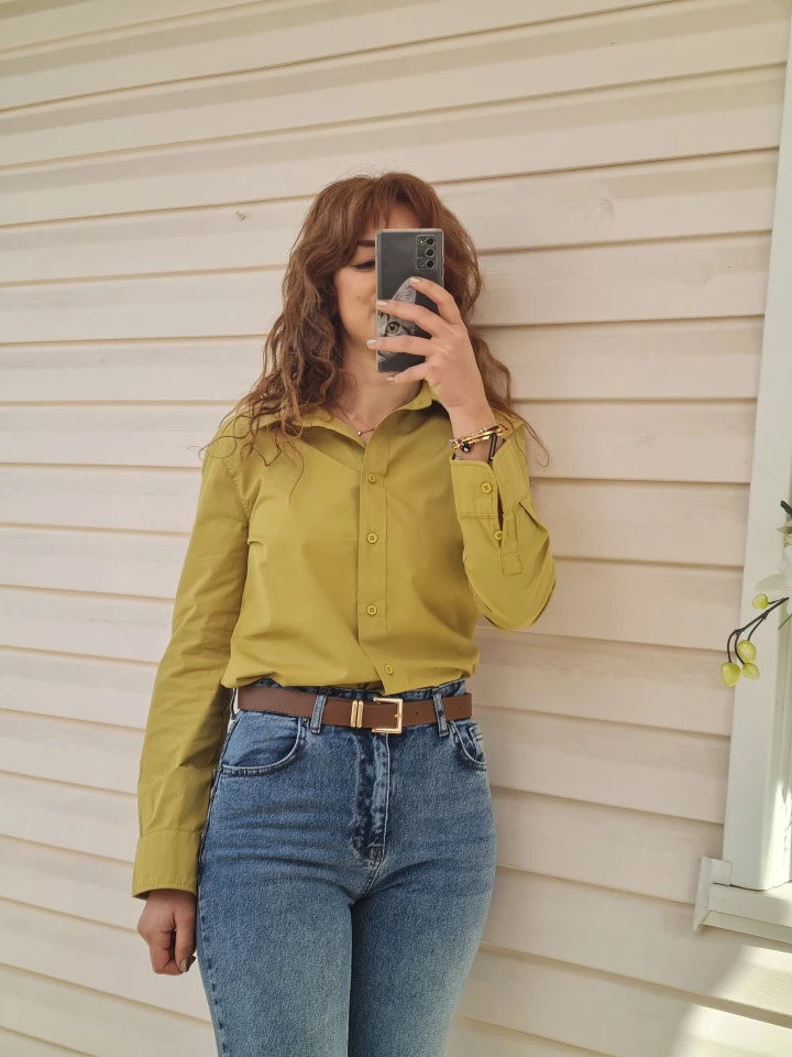 Yağ Yeşili Dar Kesim Kısa Gömlek