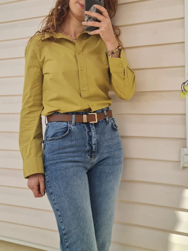 Yağ Yeşili Dar Kesim Kısa Gömlek