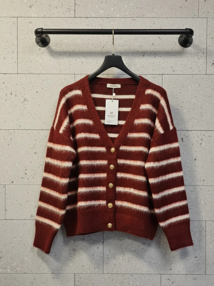 Çizgili Gold Düğmeli Hırka