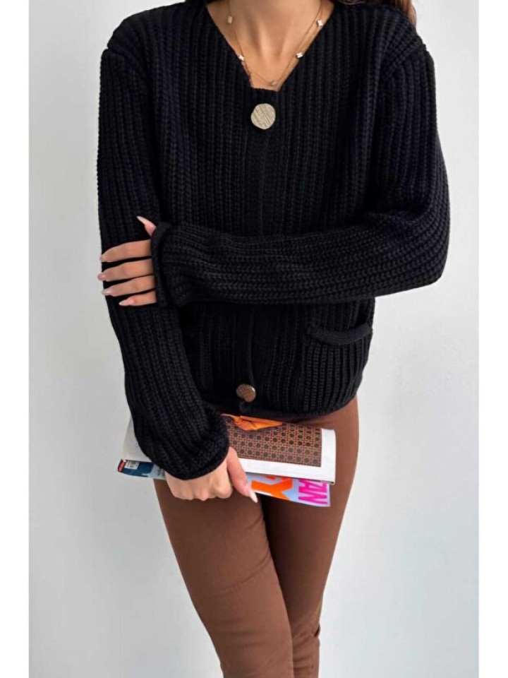 Örgülü Gold Düğme Trend Hırka