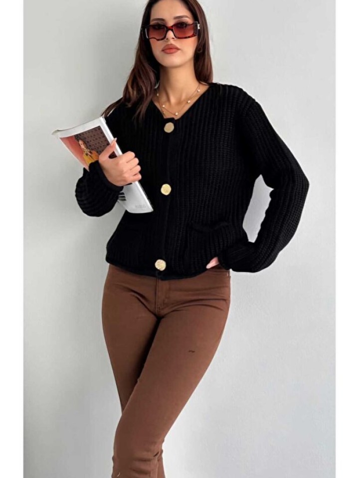 Örgülü Gold Düğme Trend Hırka