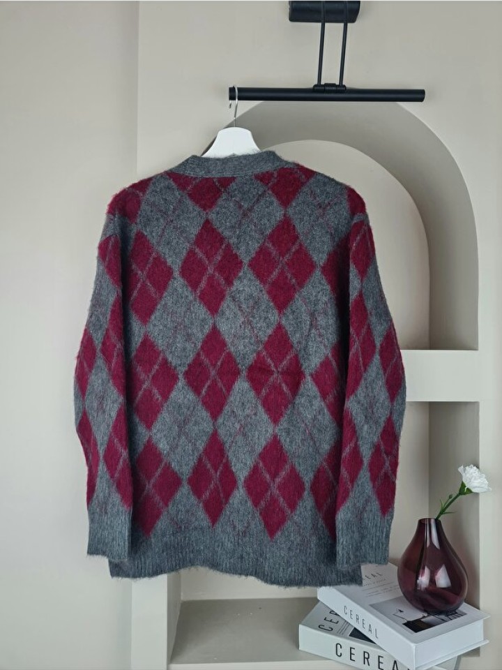 Telablanka Ekose Bordo Baklava Desen Uzun Hırka