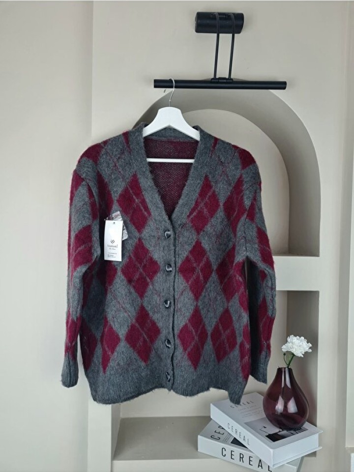 Telablanka Ekose Bordo Baklava Desen Uzun Hırka