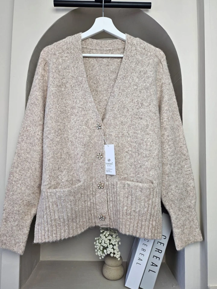 V Yaka İnci Çiçek Detay  Basic  Hırka