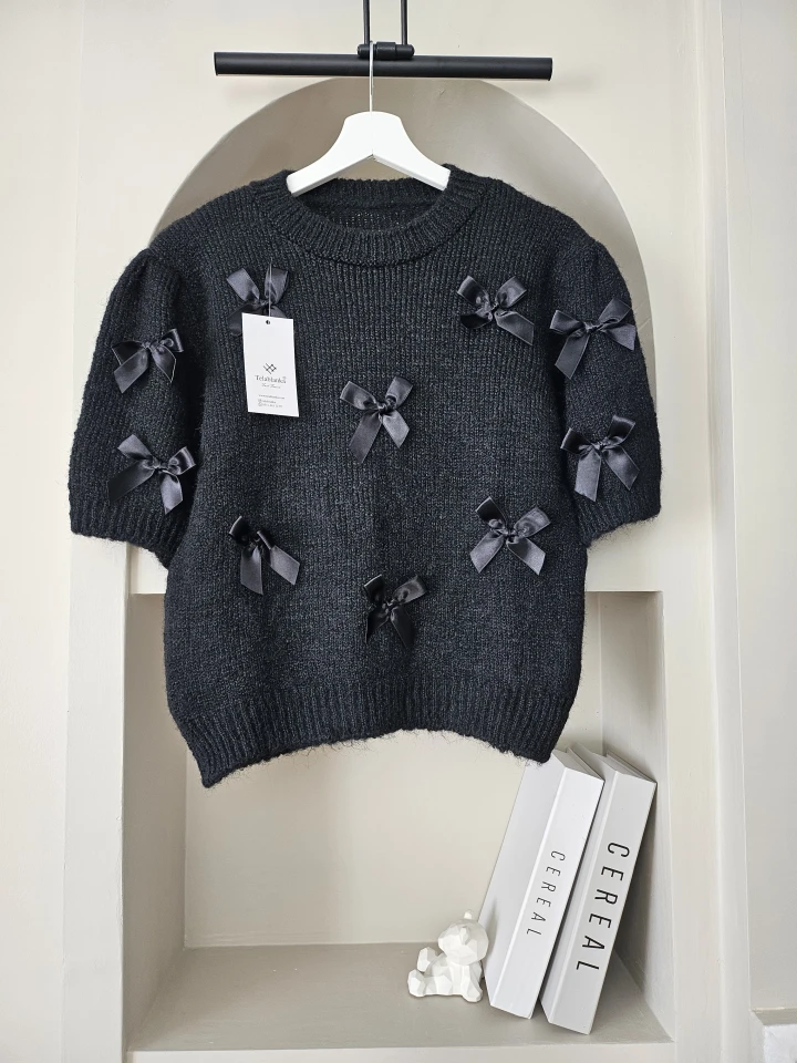 Fiyonk Detaylı Kısa Kol Lacivert Triko