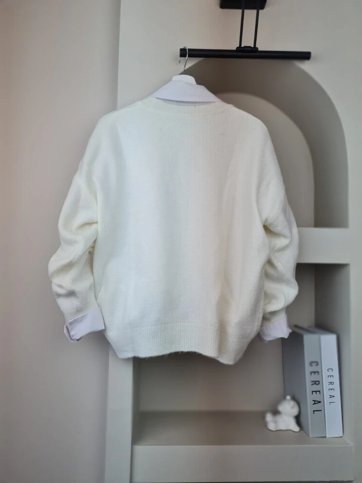 Kalp Nakış Oversize Kazak Bej-Kırmızı