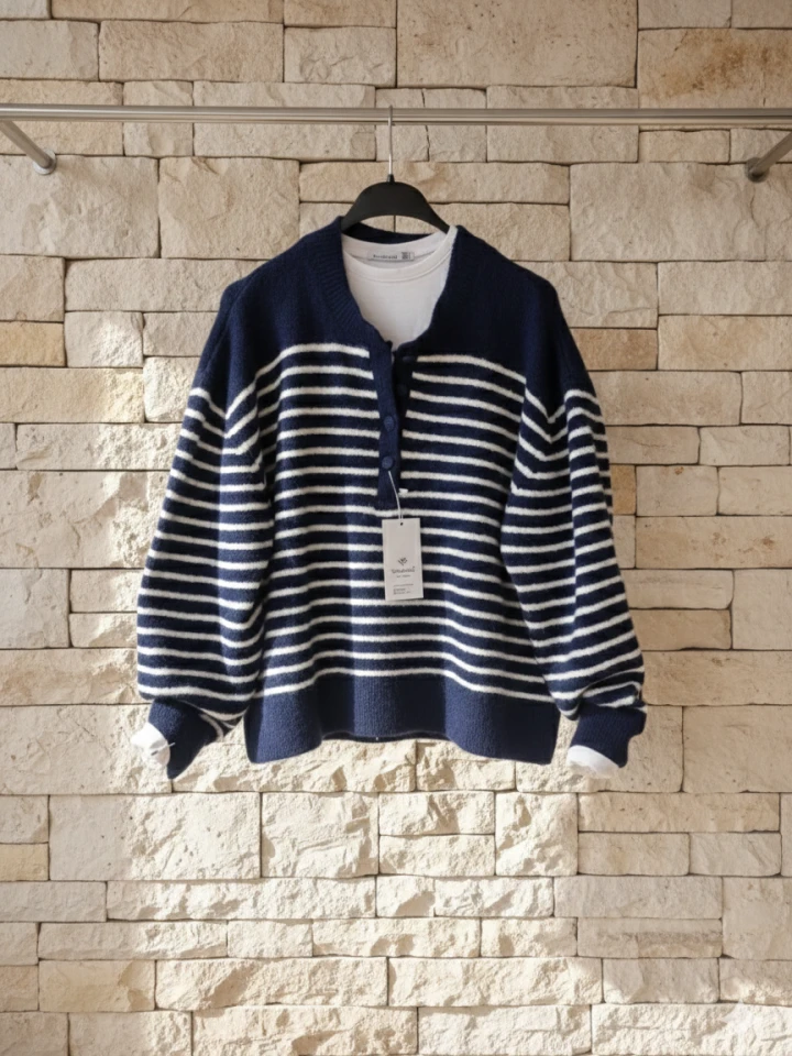 Oversize Çizgili Önden Düğmeli Yumoş Kazak