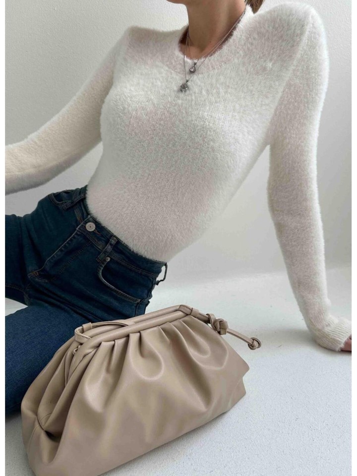 Telablanka Bisiklet Yaka Sakallı Crop Kazak