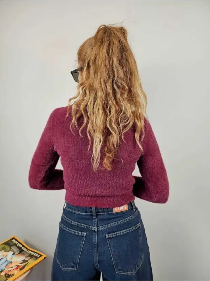 Telablanka Bisiklet Yaka Sakallı Crop Kazak