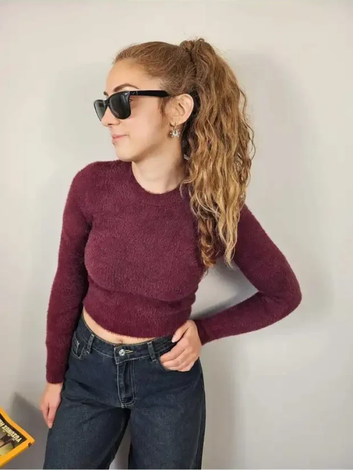 Telablanka Bisiklet Yaka Sakallı Crop Kazak - Bordo renk
