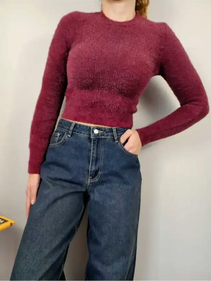 Telablanka Bisiklet Yaka Sakallı Crop Kazak - Bordo renk