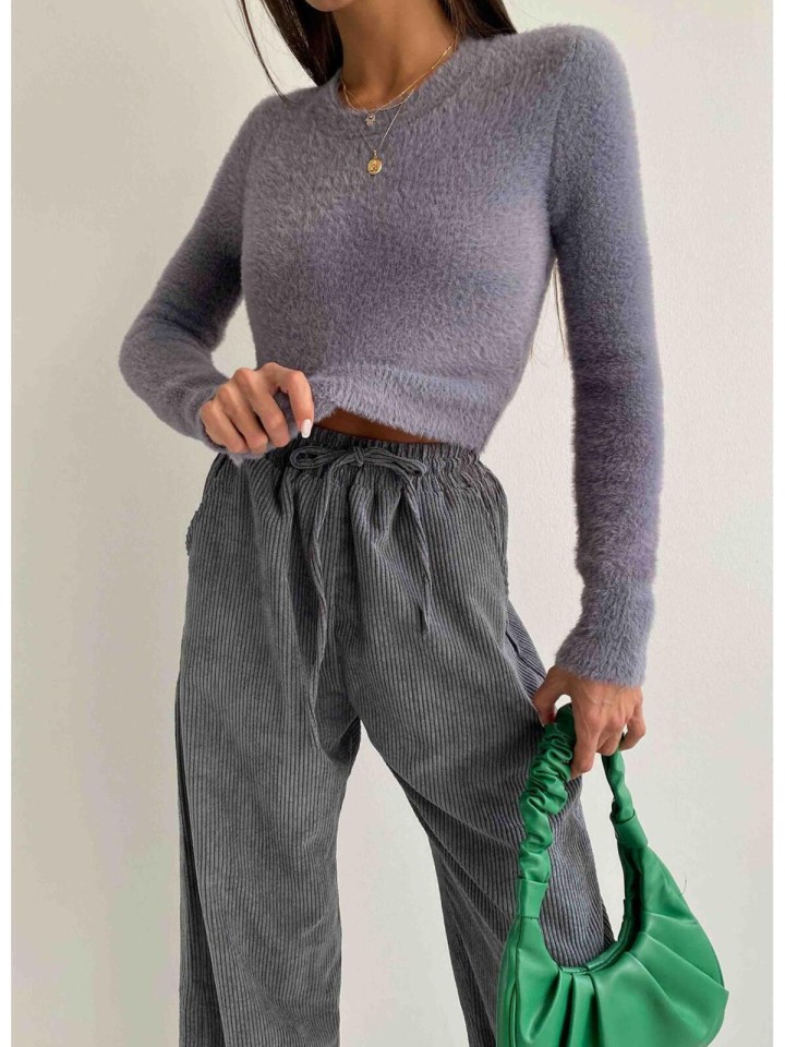 Telablanka Bisiklet Yaka Sakallı Crop Kazak