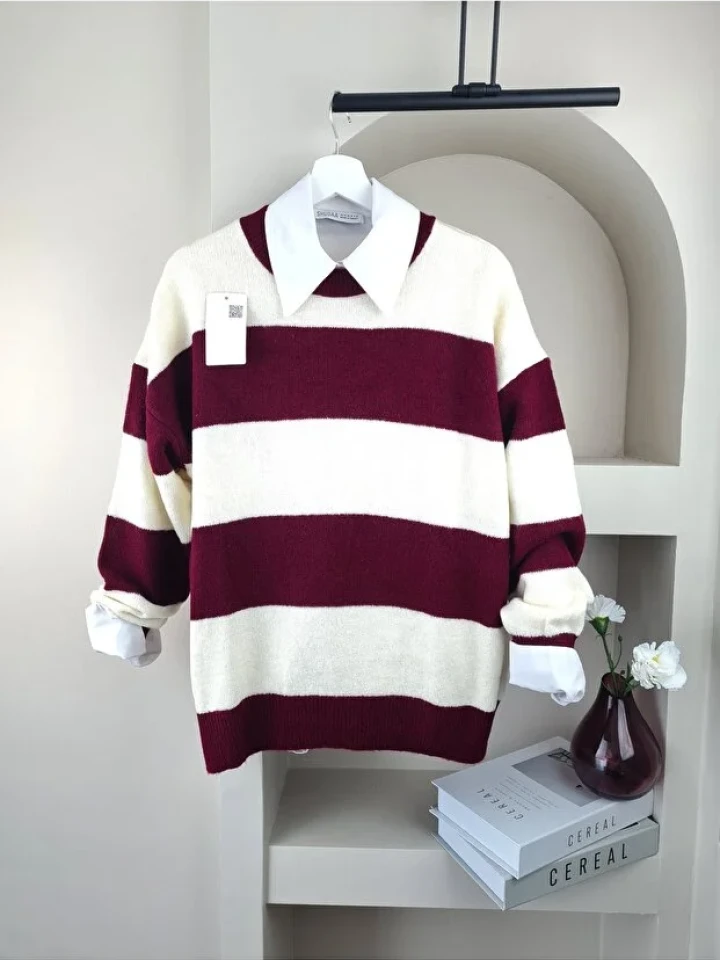 Telablanka Oversize Çizgili Kazak