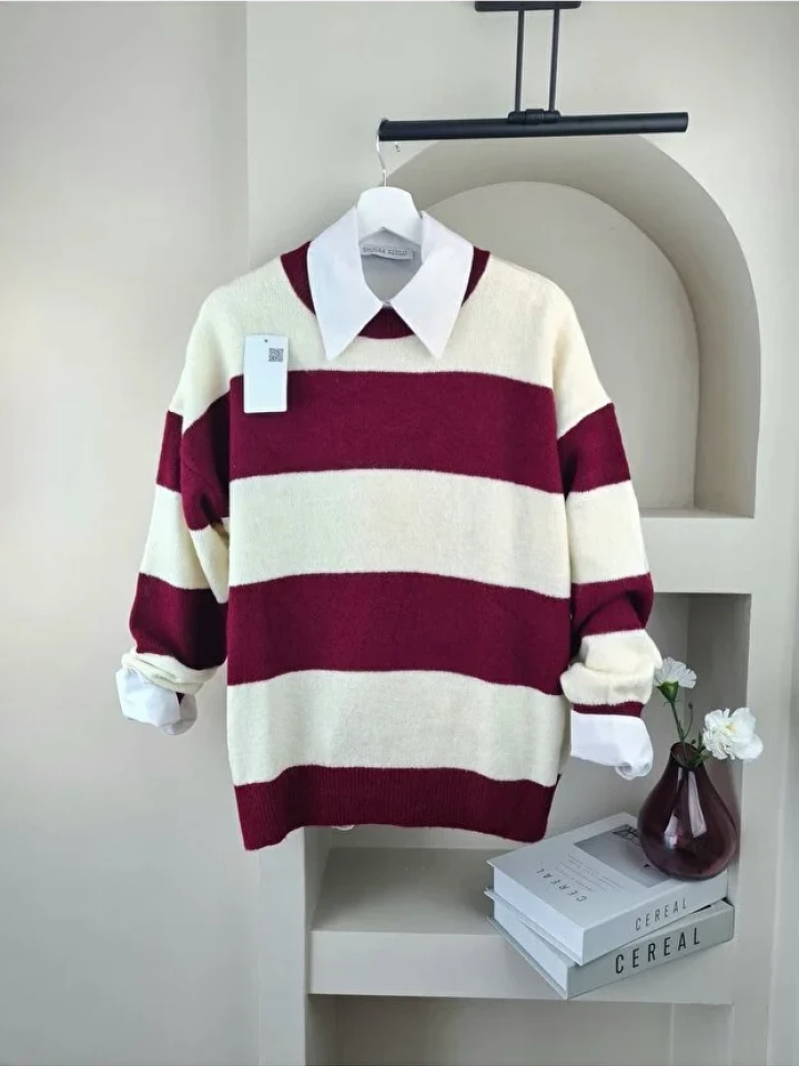 Telablanka Oversize Çizgili Kazak - Bordo renk