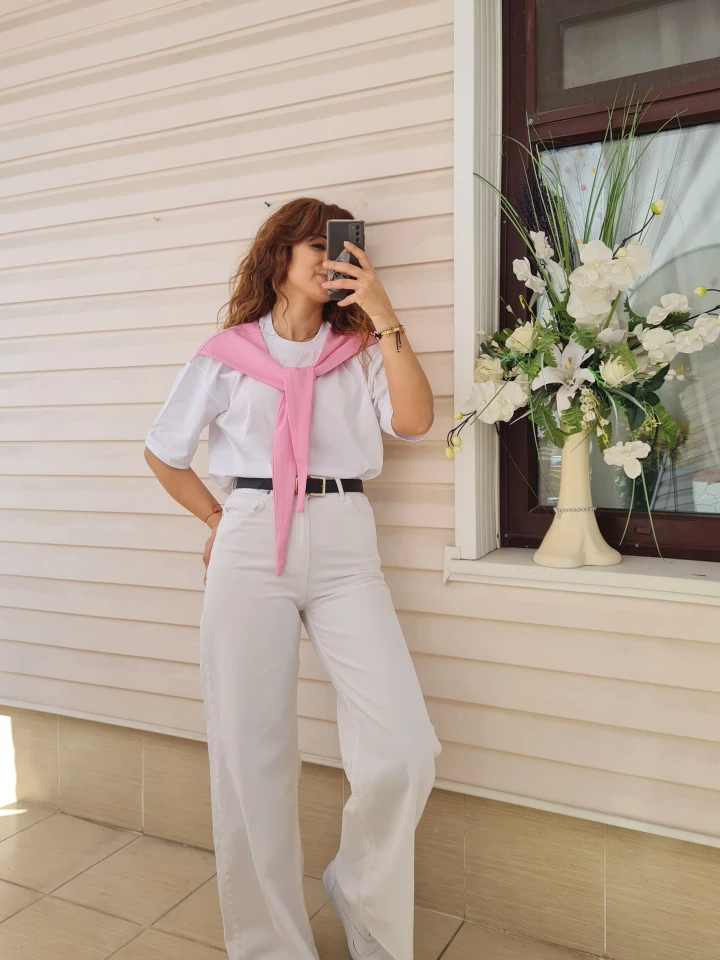 Kendinden Bağlamalı Tişört - Pembe renk