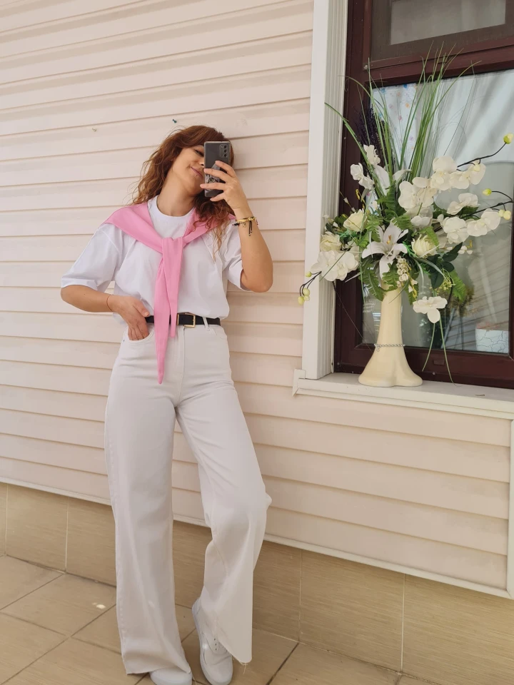 Kendinden Bağlamalı Tişört - Pembe renk