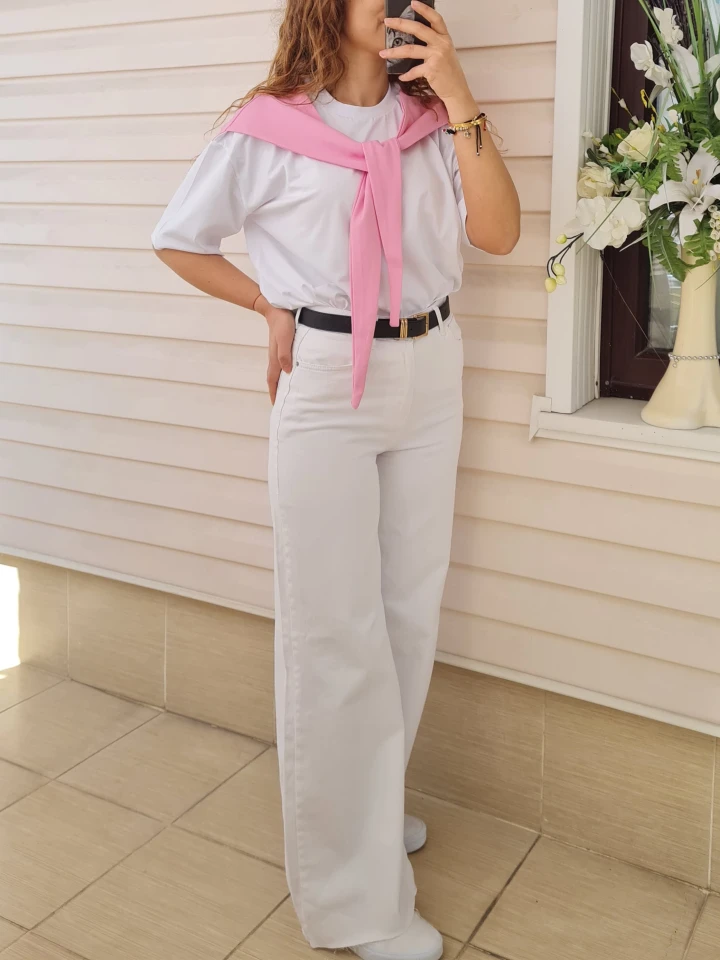 Kendinden Bağlamalı Tişört - Pembe renk