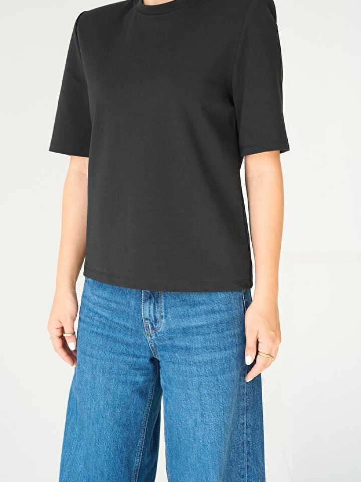 Telablanka Vatkalı Kısa Kol Tok Kumaş Tişört - Siyah renk